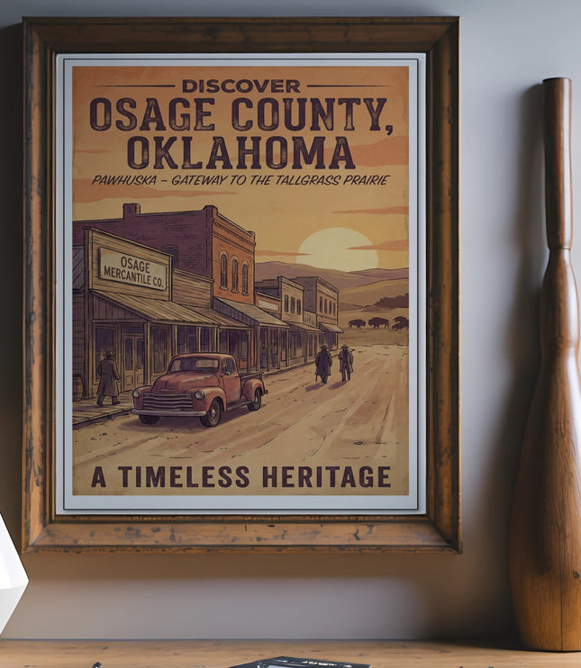 Vintage poster of Osage County, Oklahoma with classic street scene and buffalo.
