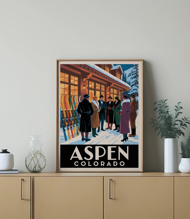 Aspen Colorado poster with people in ski attire in front of a lodge.