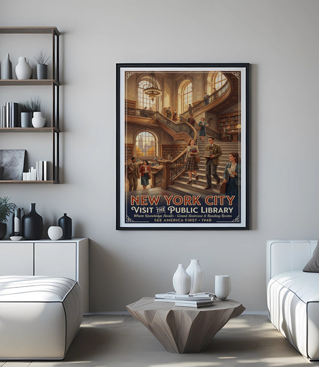 New York City Public Library vintage travel poster showing grand staircase.