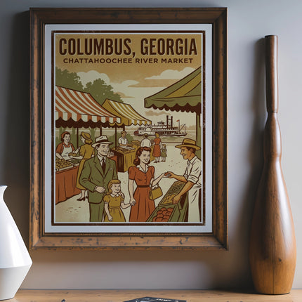 Vintage poster of Columbus, Georgia Chattahoochee River Market with people and steamboat.