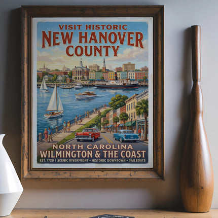 New Hanover County vintage travel poster featuring Wilmington waterfront, sailboats, and historic buildings.