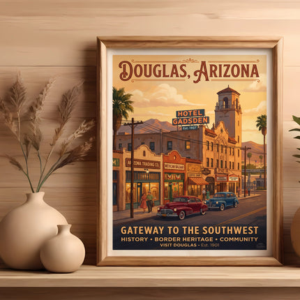 Vintage travel poster of Douglas, Arizona featuring Hotel Gadsden and "Gateway to the Southwest."