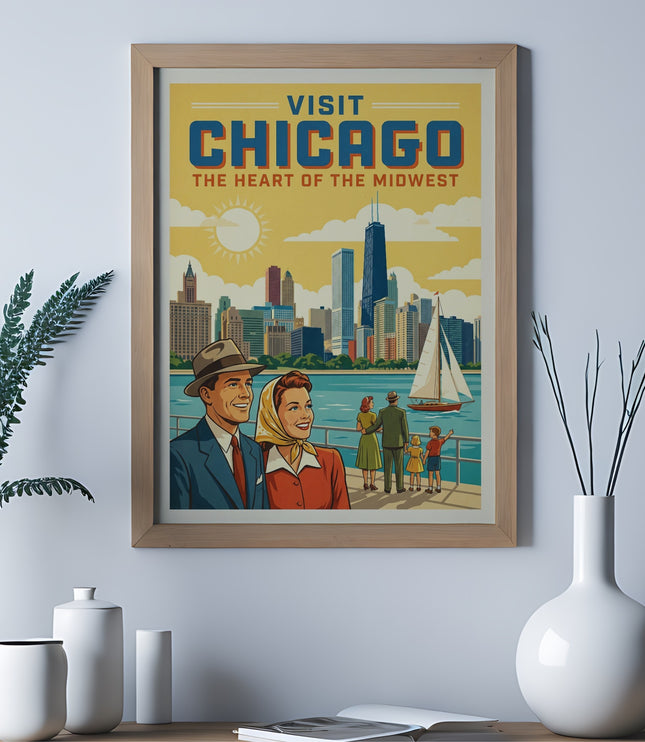 Vintage "Visit Chicago: The Heart of the Midwest" travel poster.