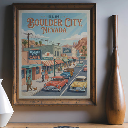 Vintage poster of Boulder City, Nevada street scene with cars and shops.