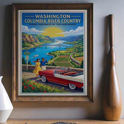 Vintage poster of Washington's Columbia River Country with scenic highways.