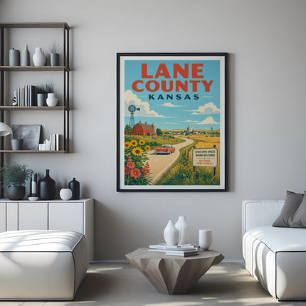 Poster with "Lane County Kansas" text, featuring a rural landscape with a barn and windmill.