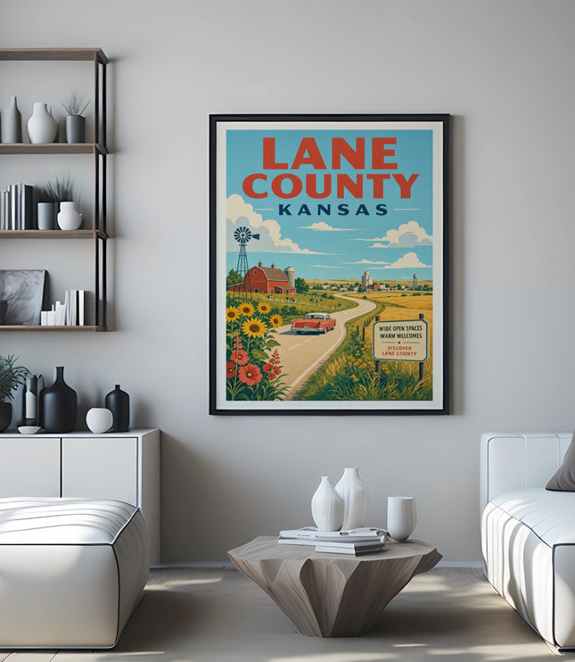 Poster with "Lane County Kansas" text, featuring a rural landscape with a barn and windmill.
