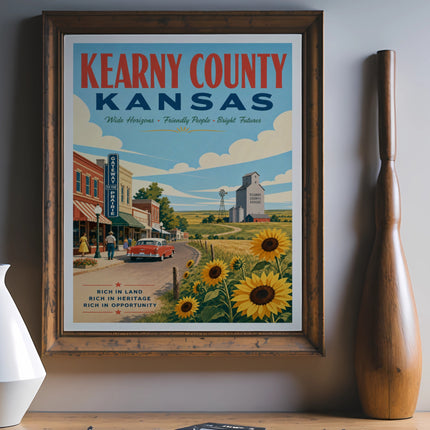 Vintage travel poster for Kearny County, Kansas, featuring a prairie scene.