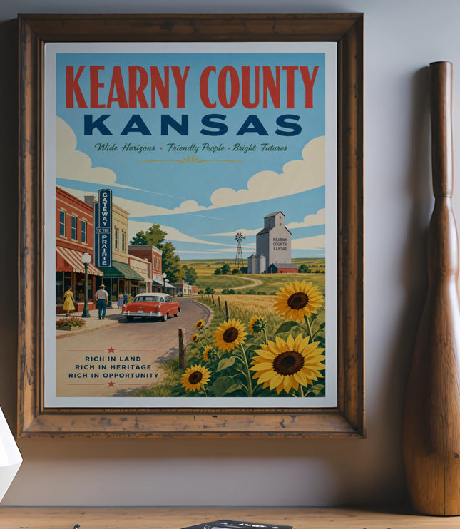 Vintage travel poster for Kearny County, Kansas, featuring a prairie scene.