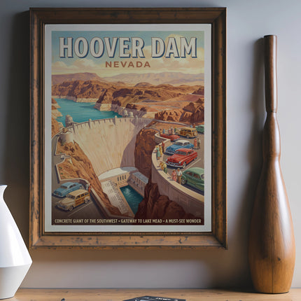 Vintage Hoover Dam Nevada poster with cars and Lake Mead.