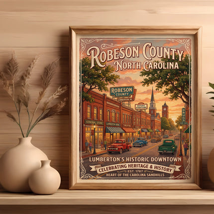 Framed art of Robeson County, NC historic downtown with classic cars and buildings.