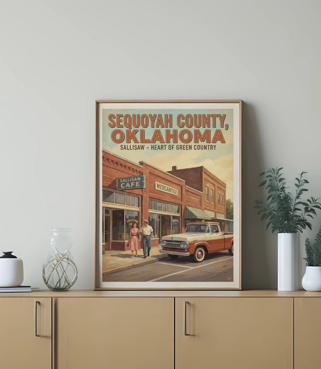 Sequoyah County, Oklahoma retro poster with Sallisaw Cafe and Mercantile buildings.