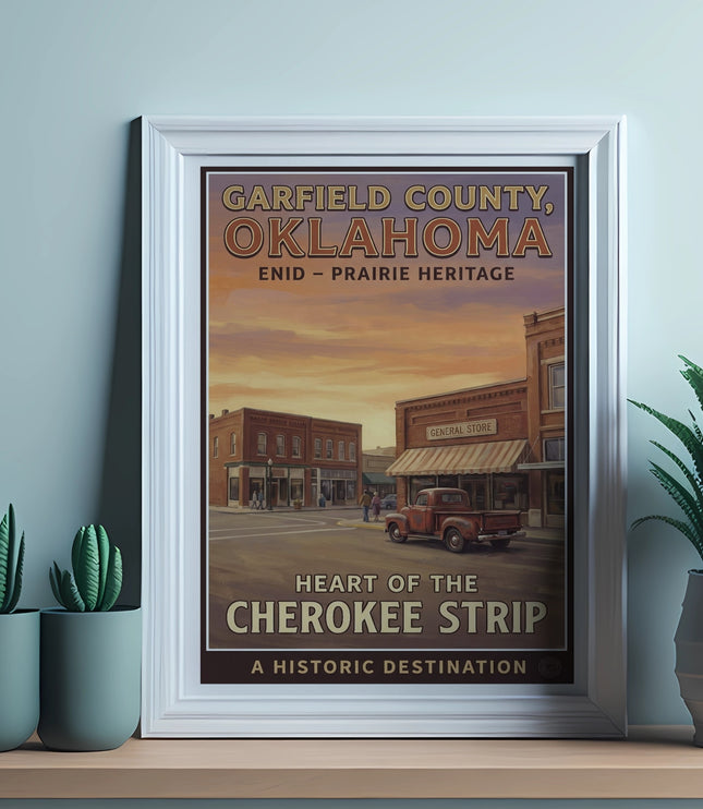 Garfield County, Oklahoma poster featuring Enid with a vintage truck and "Cherokee Strip" text.