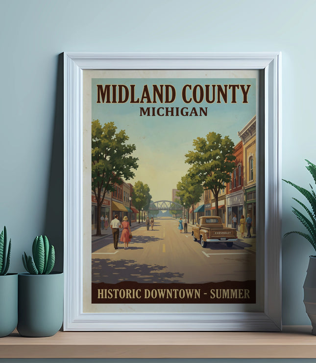 Midland County, Michigan vintage travel poster of historic downtown in summer.