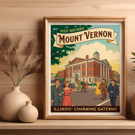 Vintage travel poster for Mount Vernon, Illinois, highlighting its charm.