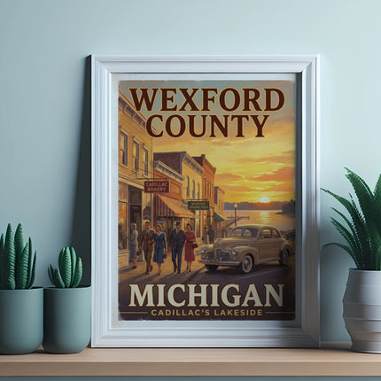 Wexford County Michigan poster with Cadillac's Lakeside scene and vintage cars.
