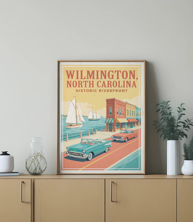 Wilmington, North Carolina historic riverfront poster with cars and sailboats.
