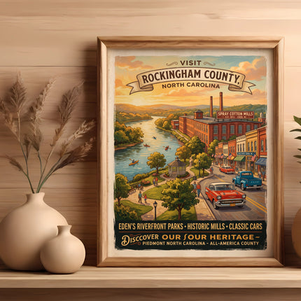 Vintage travel poster for Rockingham County, North Carolina, featuring riverfront parks and cotton mills.