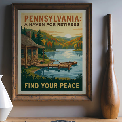 Pennsylvania retirees poster with lake, cabin, boat, and mountains.