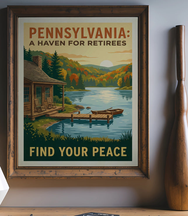 Pennsylvania retirees poster with lake, cabin, boat, and mountains.