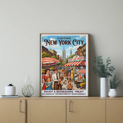 Vintage "Visiting New York City" poster with family enjoying ice cream.