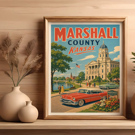 Vintage poster of Marshall County, Kansas with a red car and courthouse.