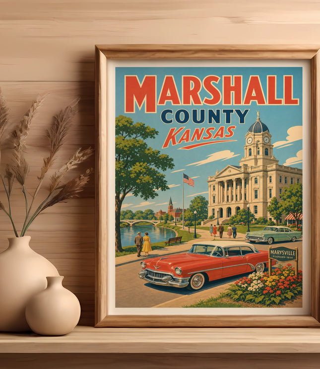 Vintage poster of Marshall County, Kansas with a red car and courthouse.