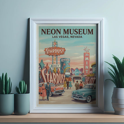 Framed art print of the Neon Museum Las Vegas with vintage cars and signs.