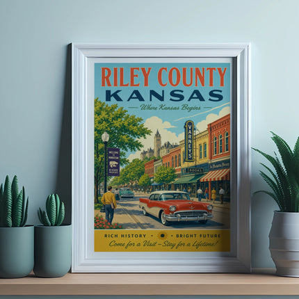 Vintage Riley County, Kansas travel poster with car and buildings.