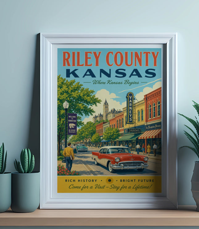 Vintage Riley County, Kansas travel poster with car and buildings.