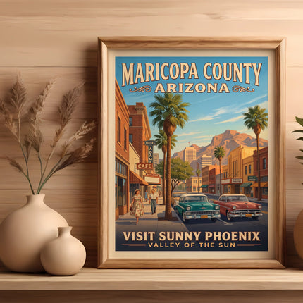 Vintage Maricopa County Arizona poster with classic cars and sunny Phoenix text.