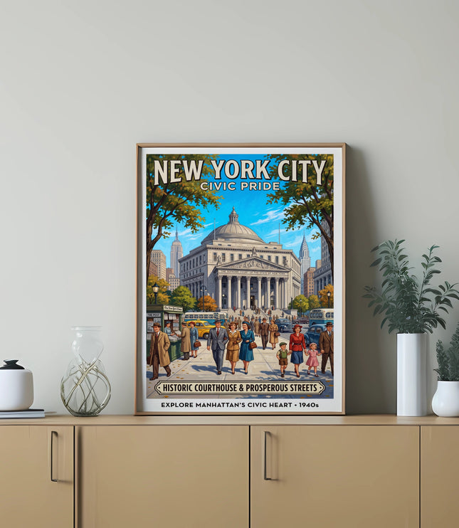 New York City Civic Pride poster featuring a courthouse and 1940s street scene.