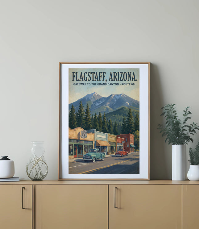 Flagstaff, Arizona Route 66 vintage travel poster with mountains and shops.