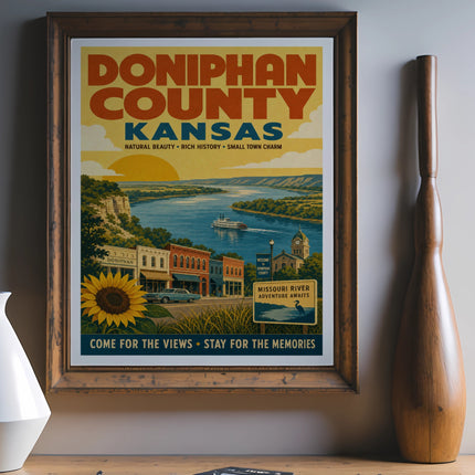 Vintage Doniphan County Kansas travel poster with river and small town scene.