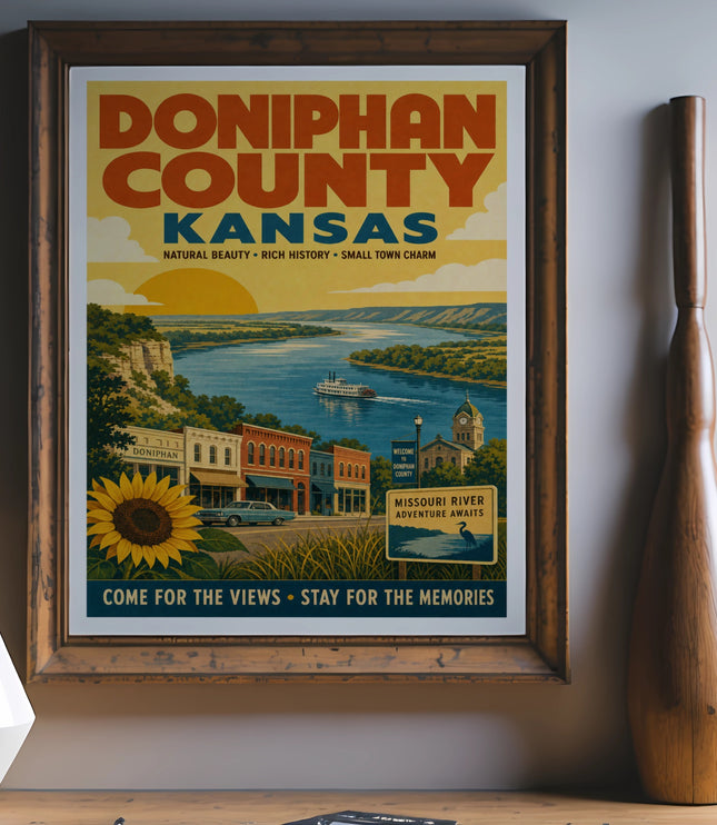 Vintage Doniphan County Kansas travel poster with river and small town scene.