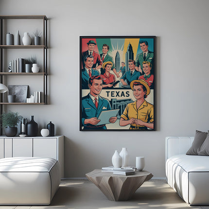 Retro poster of diverse people with "TEXAS" title.
