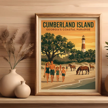 Framed poster of Cumberland Island, Georgia's coastal paradise, showing beachgoers and horses.