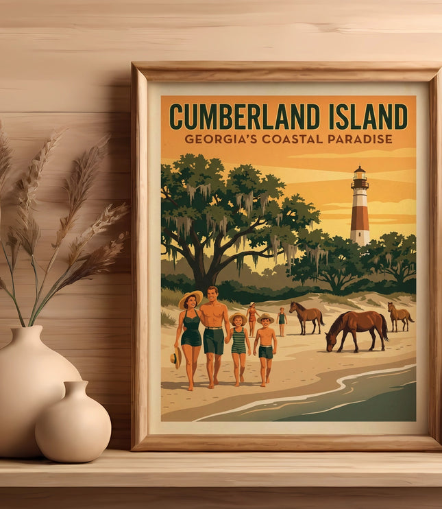 Framed poster of Cumberland Island, Georgia's coastal paradise, showing beachgoers and horses.