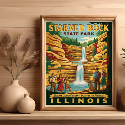 Vintage Starved Rock State Park Illinois poster with waterfall and people.
