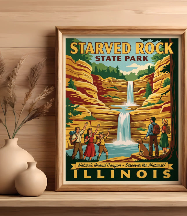 Vintage Starved Rock State Park Illinois poster with waterfall and people.