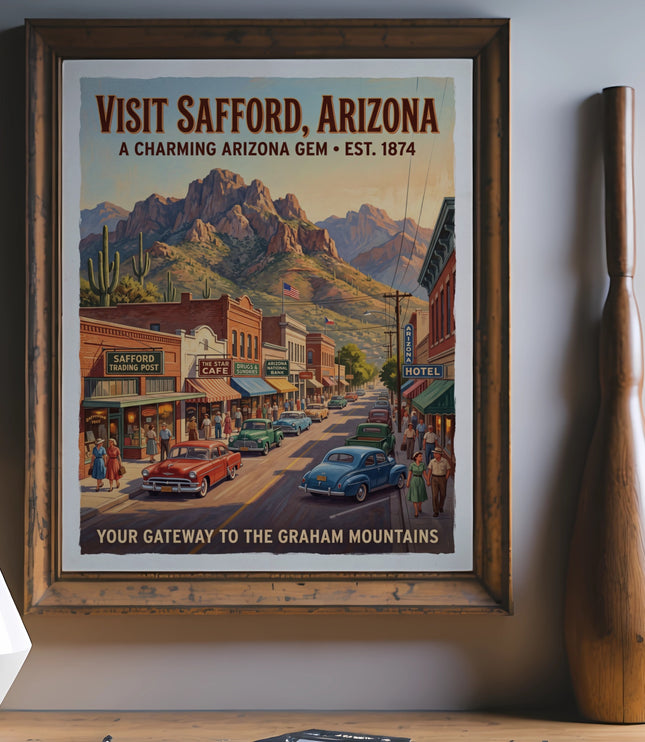 Vintage poster of Safford, Arizona with mountains, vintage cars, and shops.