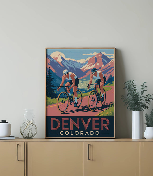 Two cyclists ride past Denver, Colorado text with mountain backdrop.
