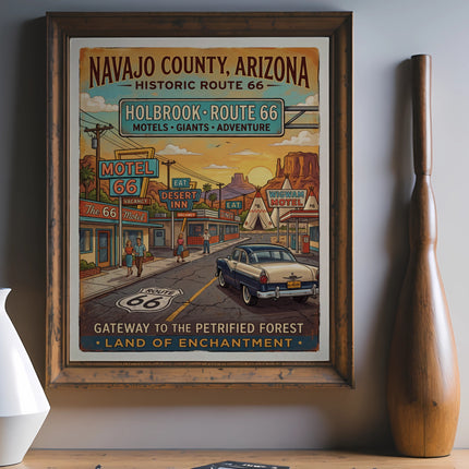 Navajo County Arizona Historic Route 66 poster with vintage motels and car.