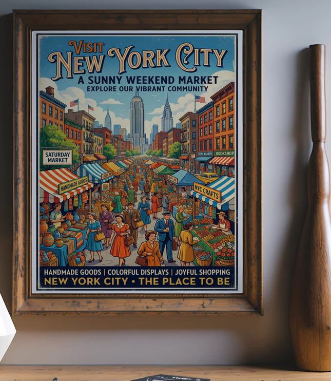 Vintage poster advertising a New York City weekend market with colorful stalls and people.