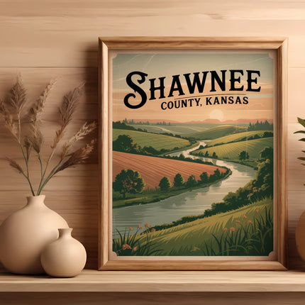 Framed poster of Shawnee County, Kansas landscape with river and rolling hills.