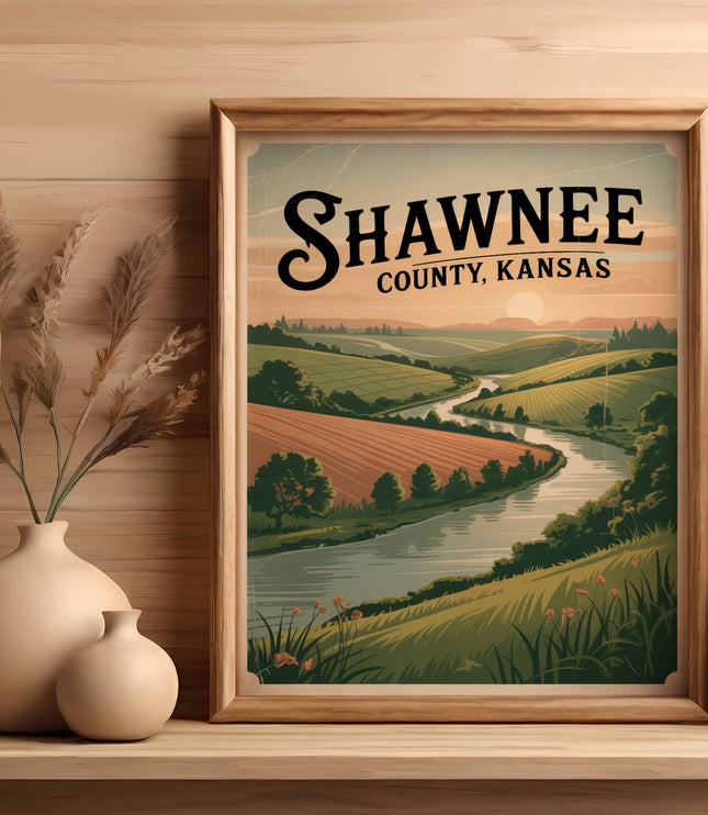 Framed poster of Shawnee County, Kansas landscape with river and rolling hills.