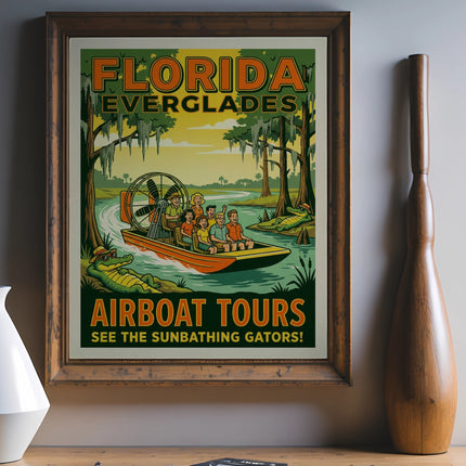 Vintage Florida Everglades airboat tour poster with alligators and passengers.