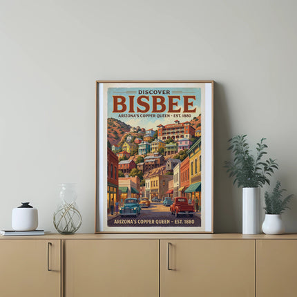Poster showing Bisbee, Arizona's Copper Queen, est. 1880, with vintage cars on a street.