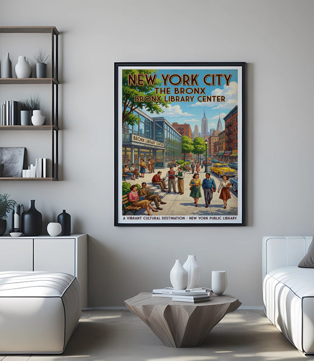 Vintage poster featuring New York City's Bronx Library Center with people reading outside.