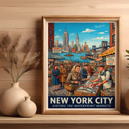 Vintage poster of New York City waterfront markets with a seafood vendor.
